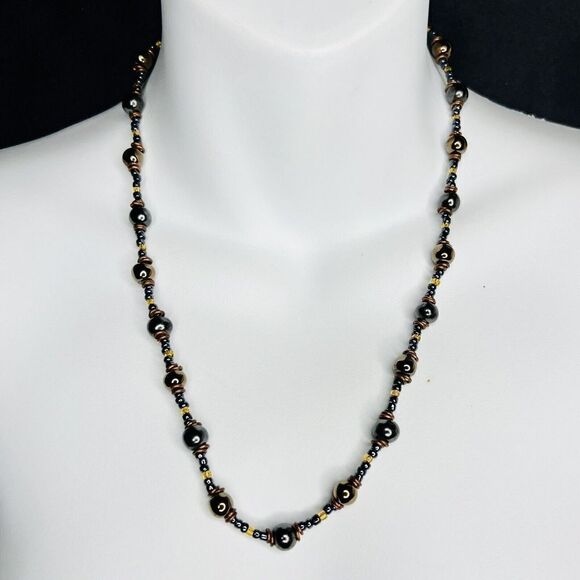 STUNNING Vintage Faux Pearl Black Brown Yellow Tone Beaded Beads Necklace 4021 - Picture 2 of 11